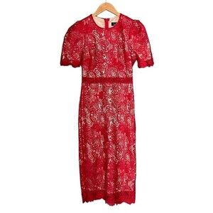 NWT Lulus Red Crochet Lace Amore Fitted Midi Dress Size XS Wedding Guest NEW